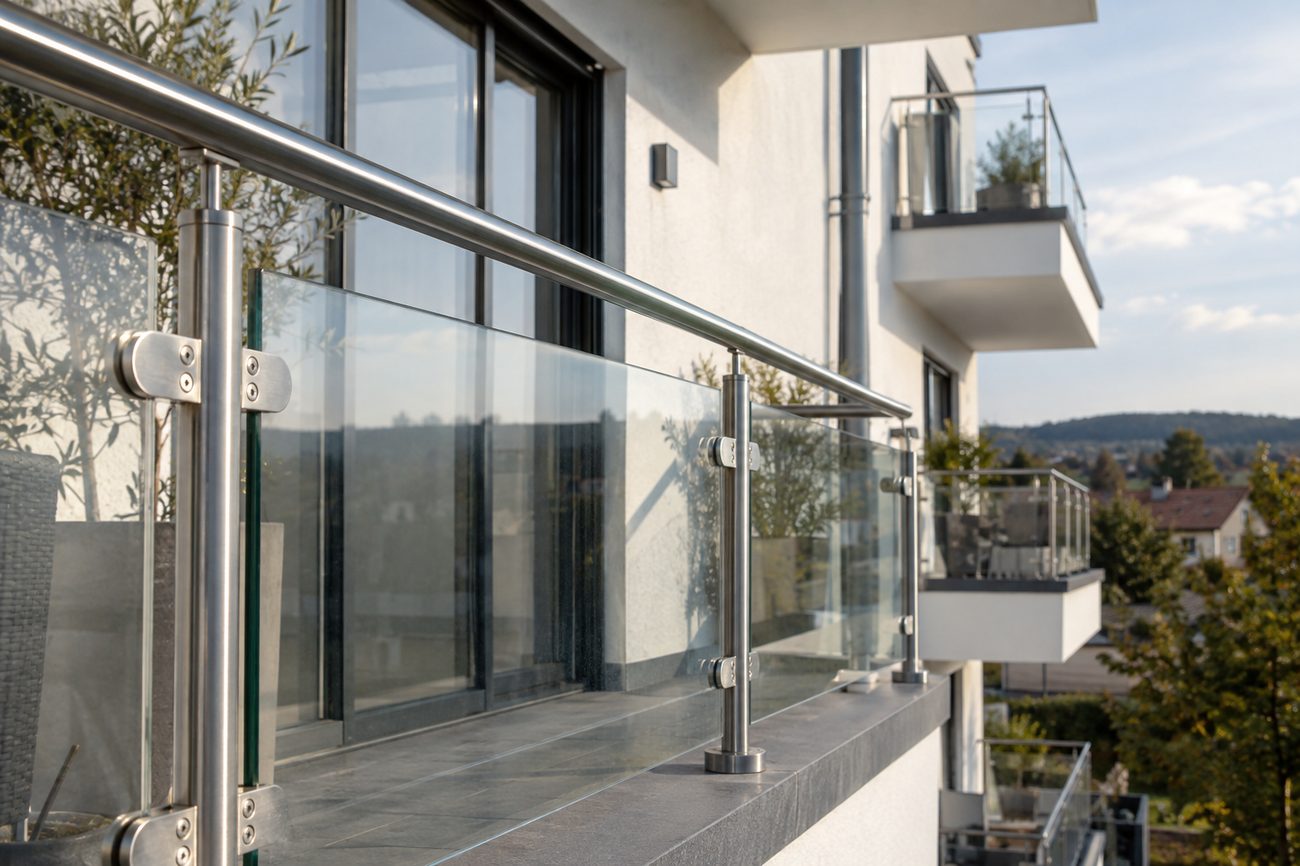 Edelstahlgeländer mit Glasfüllung an einem Balkon