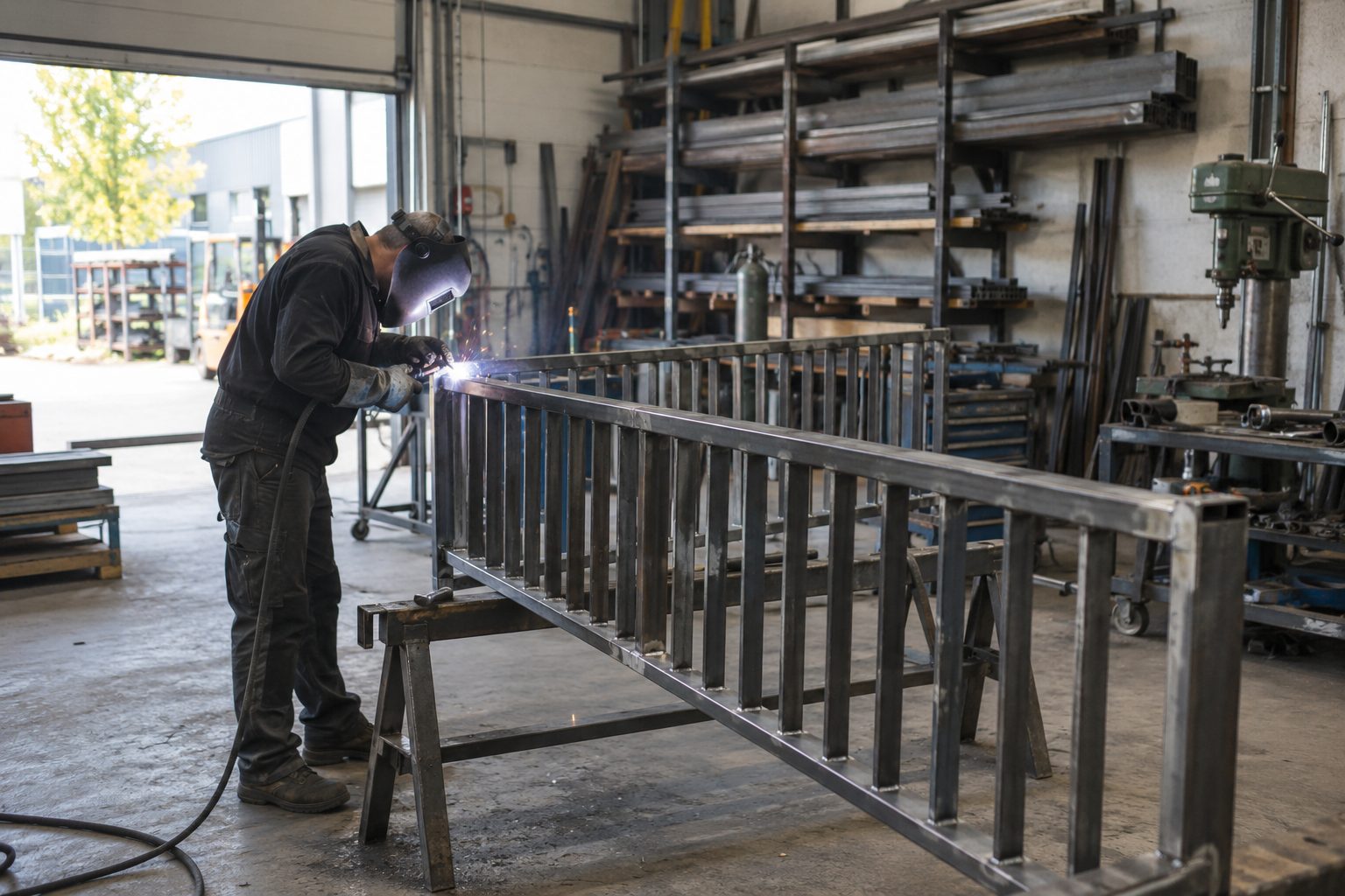 Metallbauer schweißt in der Werkhalle an einem Stahlgeländer