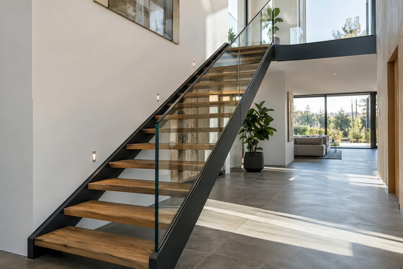 Stahltreppe mit Holzstufen und Glasbrüstung
